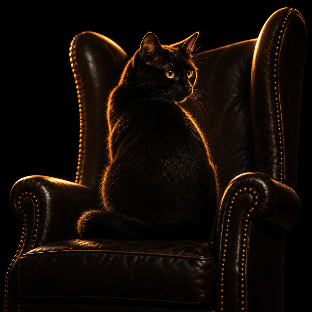 A curious cat sitting in a wingback armchair, watching over the pitch form