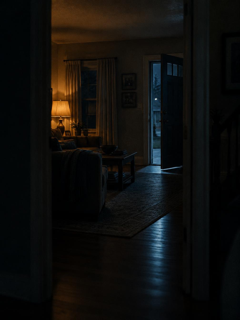 A dim family living room at night, an amber lamp glowing beside a front door left ajar