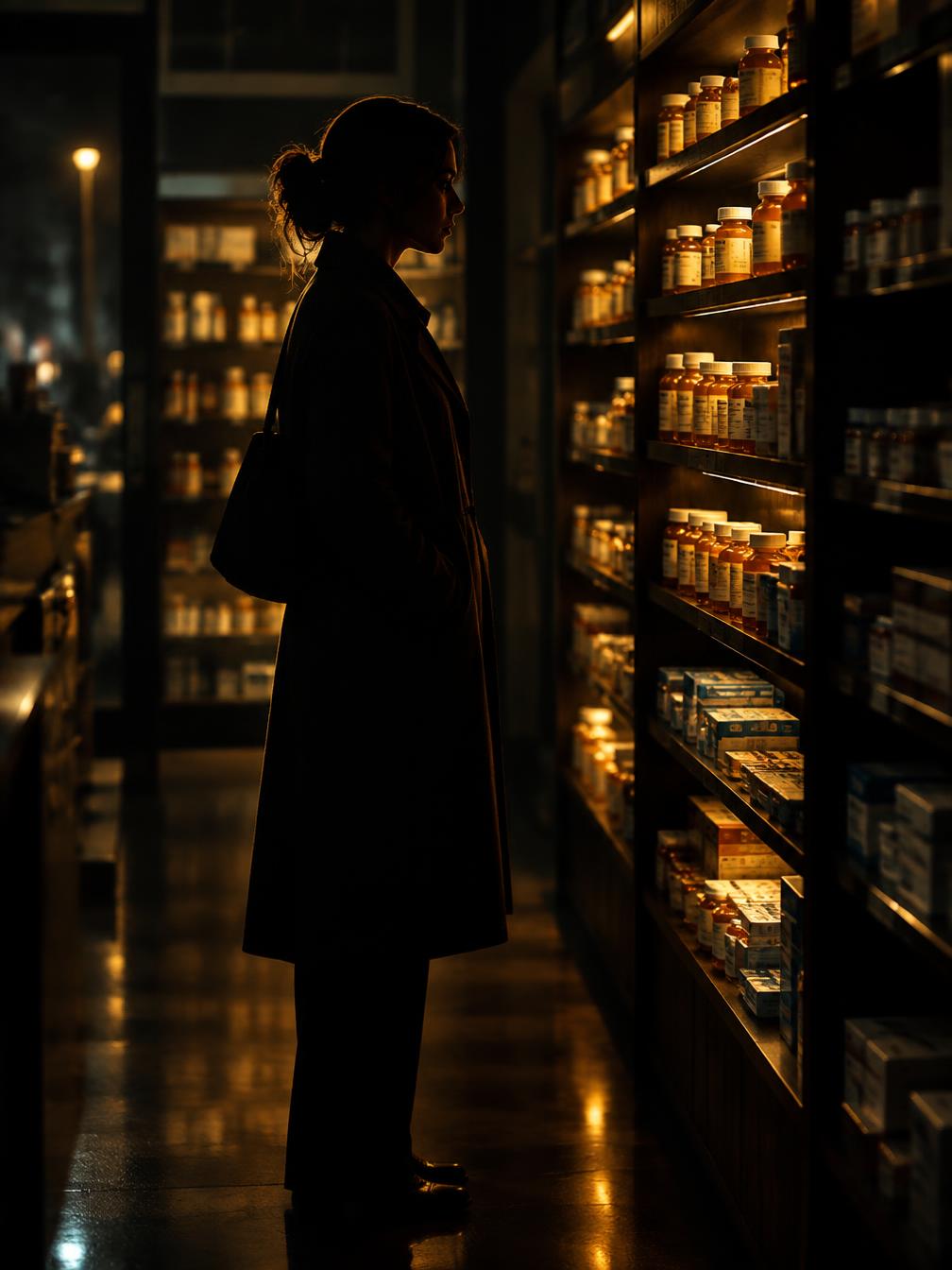 A body covered by a sheet on a table, lit by a single amber light