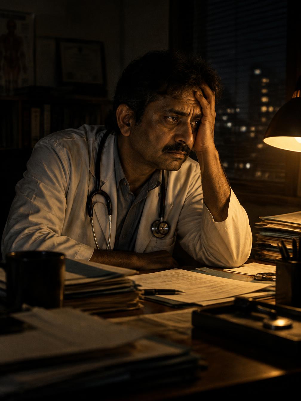 A worried Indian doctor at his desk in a dim office, lit by a single amber lamp