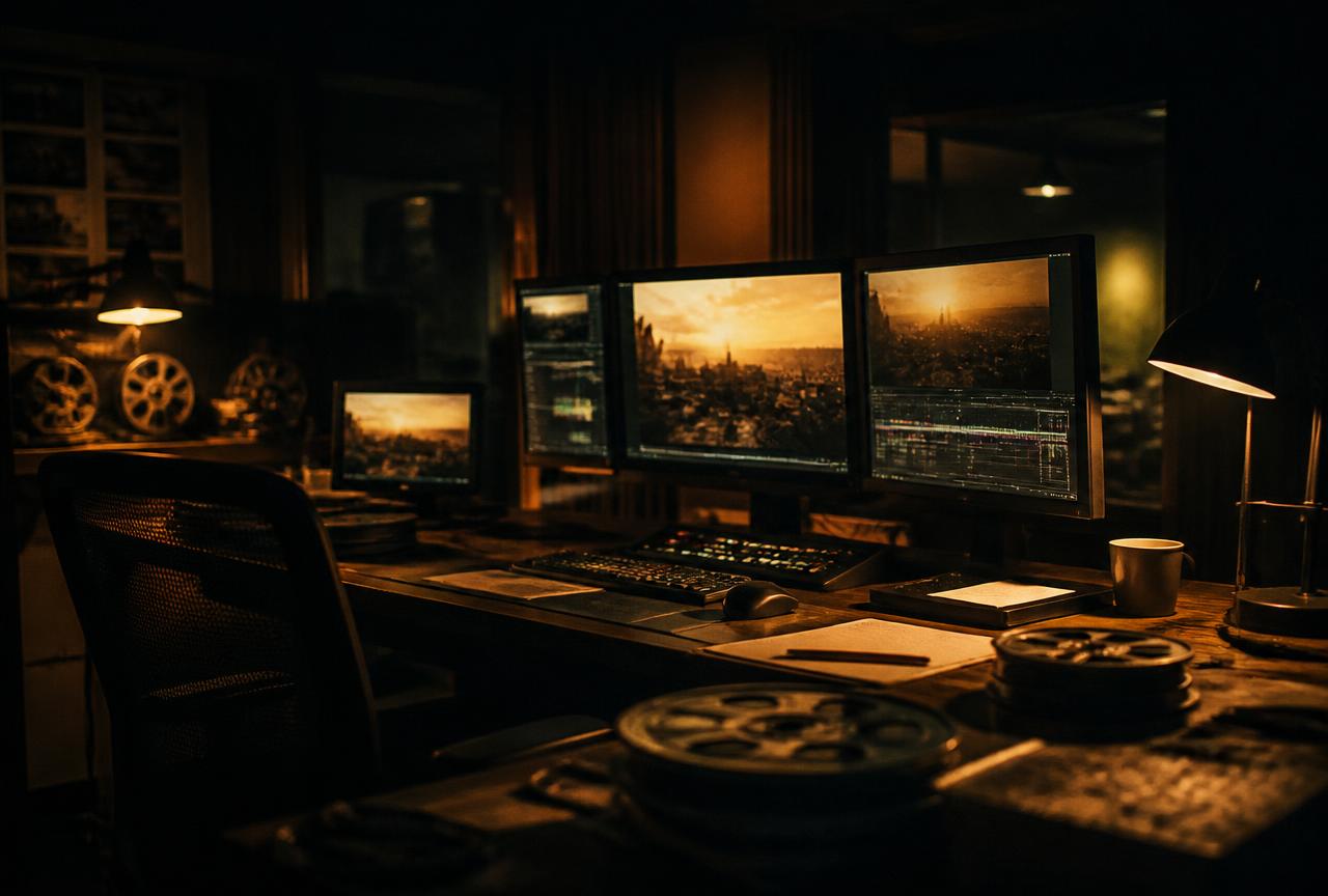 The studio editing suite glowing amber in the dark